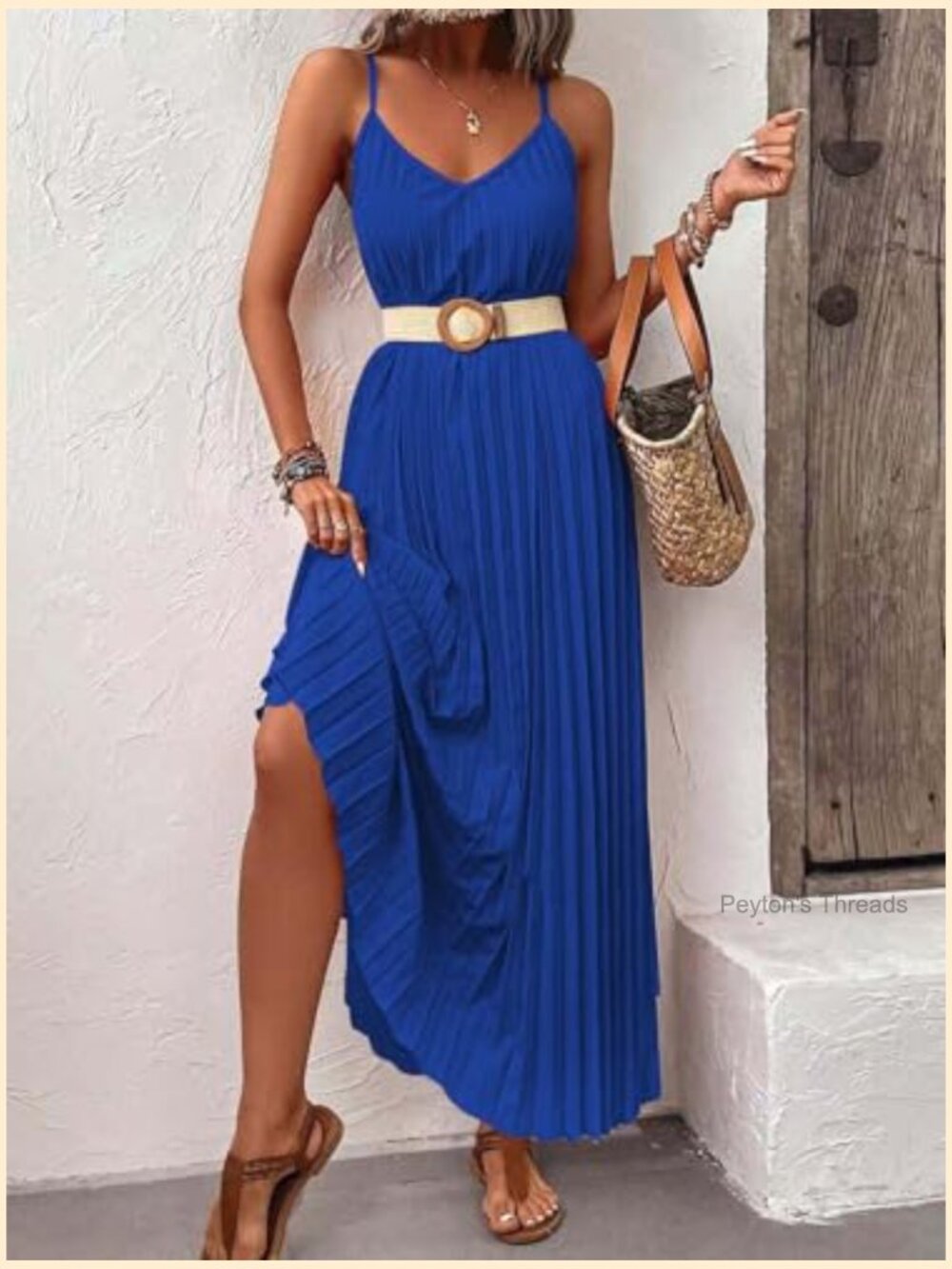 V Neck Sleeveless Pleated Flowy Maxi Dress with Adjustable Straps - Picture 3 of 7